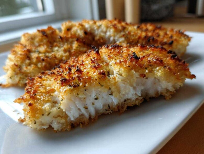 Close-up of a piece of juicy parmesan crusted chicken showing the flaky white interior and golden crust.