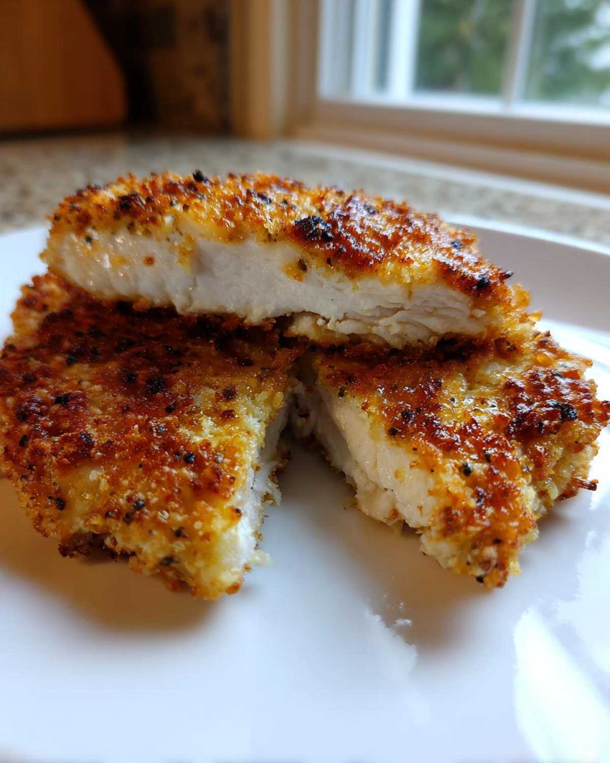 Close-up of juicy parmesan crusted chicken, cut to show the white, tender interior and golden-brown crust.