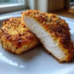 Close-up of parmesan crusted chicken cut in half showing the juicy white interior and golden-brown crust.
