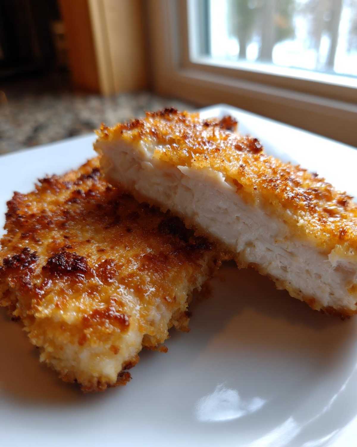 Cross section of juicy parmesan crusted chicken showing the white interior and golden crust.