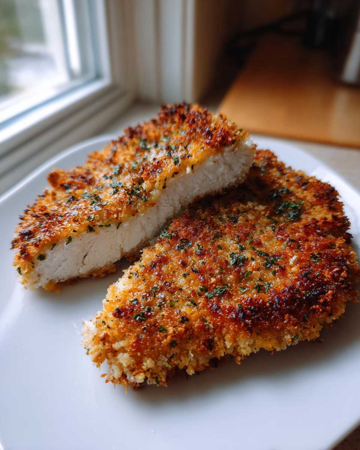 Two pieces of golden brown parmesan crusted chicken resting on a white plate, showing the juicy white interior.