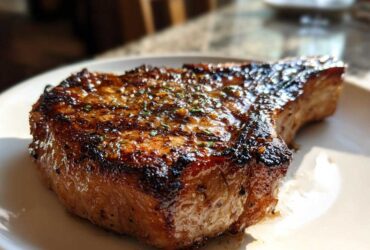 Close-up of a thick, perfectly seared pork chop showing a rich, caramelized glaze from the marinade for pork chops.