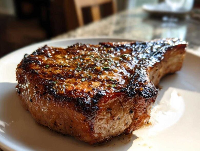 Close-up of a thick, perfectly seared pork chop showing a rich, caramelized glaze from the marinade for pork chops.