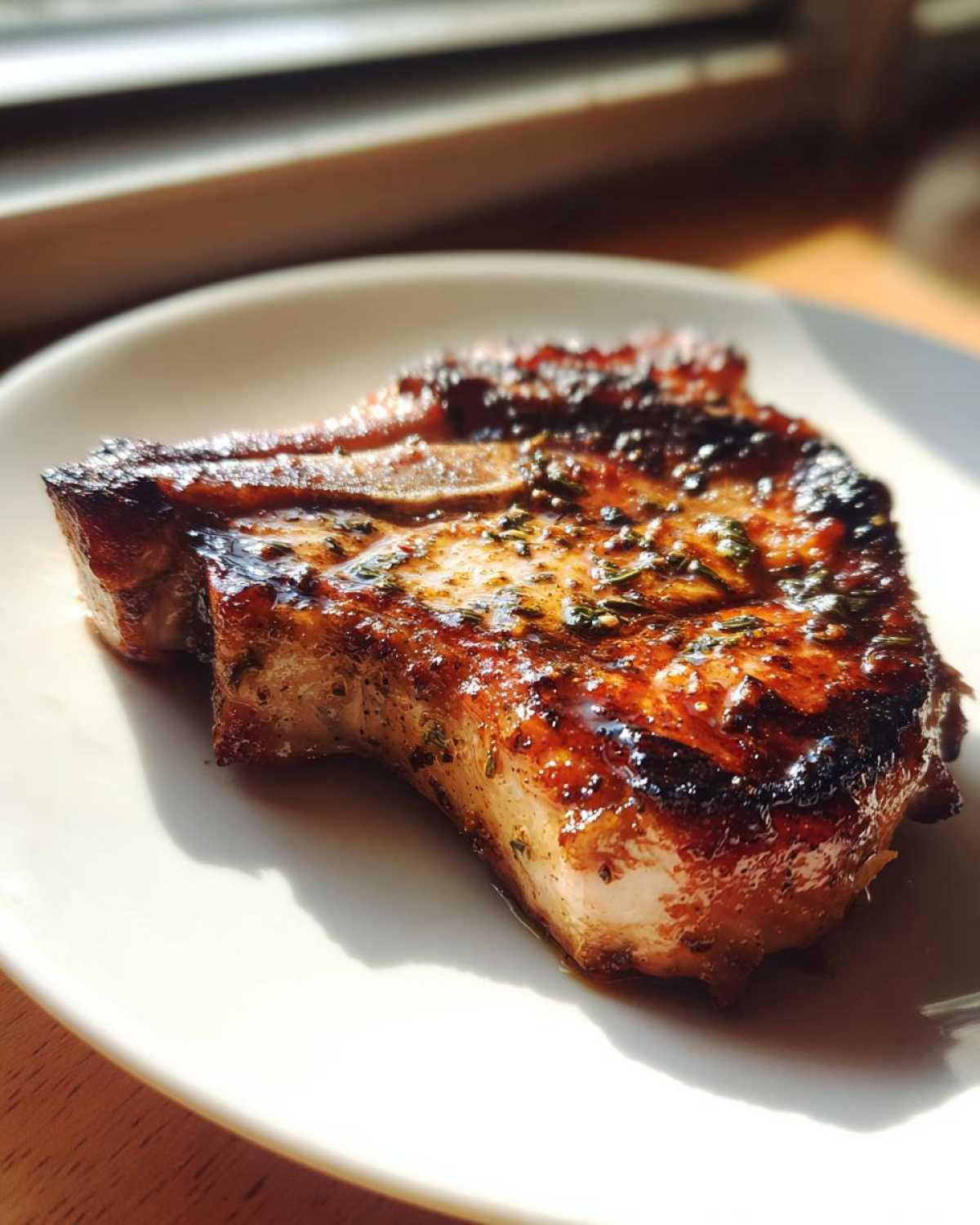 A perfectly cooked, thick bone-in pork chop showing a beautiful glaze, likely from a marinade for pork chops.