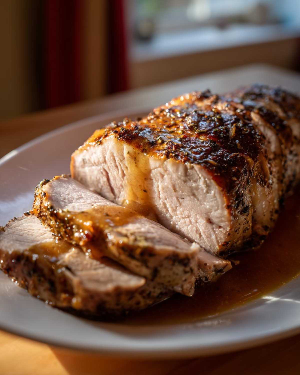 Close-up of a juicy pork loin roast, sliced and drizzled with pan gravy.