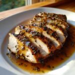 Close-up of sliced pork loin roast, perfectly cooked and covered in a savory herb pan sauce.