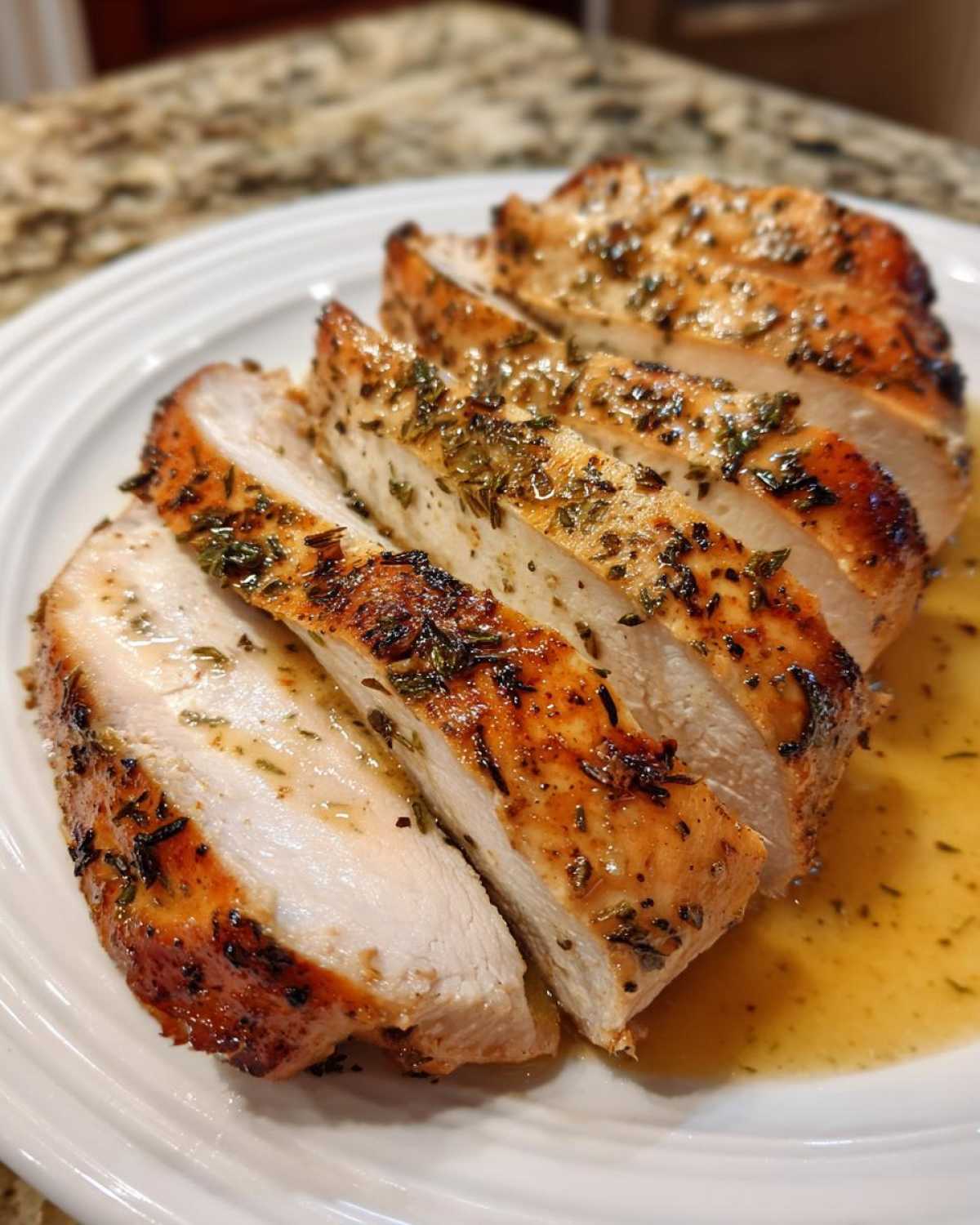 Close-up of perfectly cooked and sliced pork loin roast, glistening with pan juices and herbs.