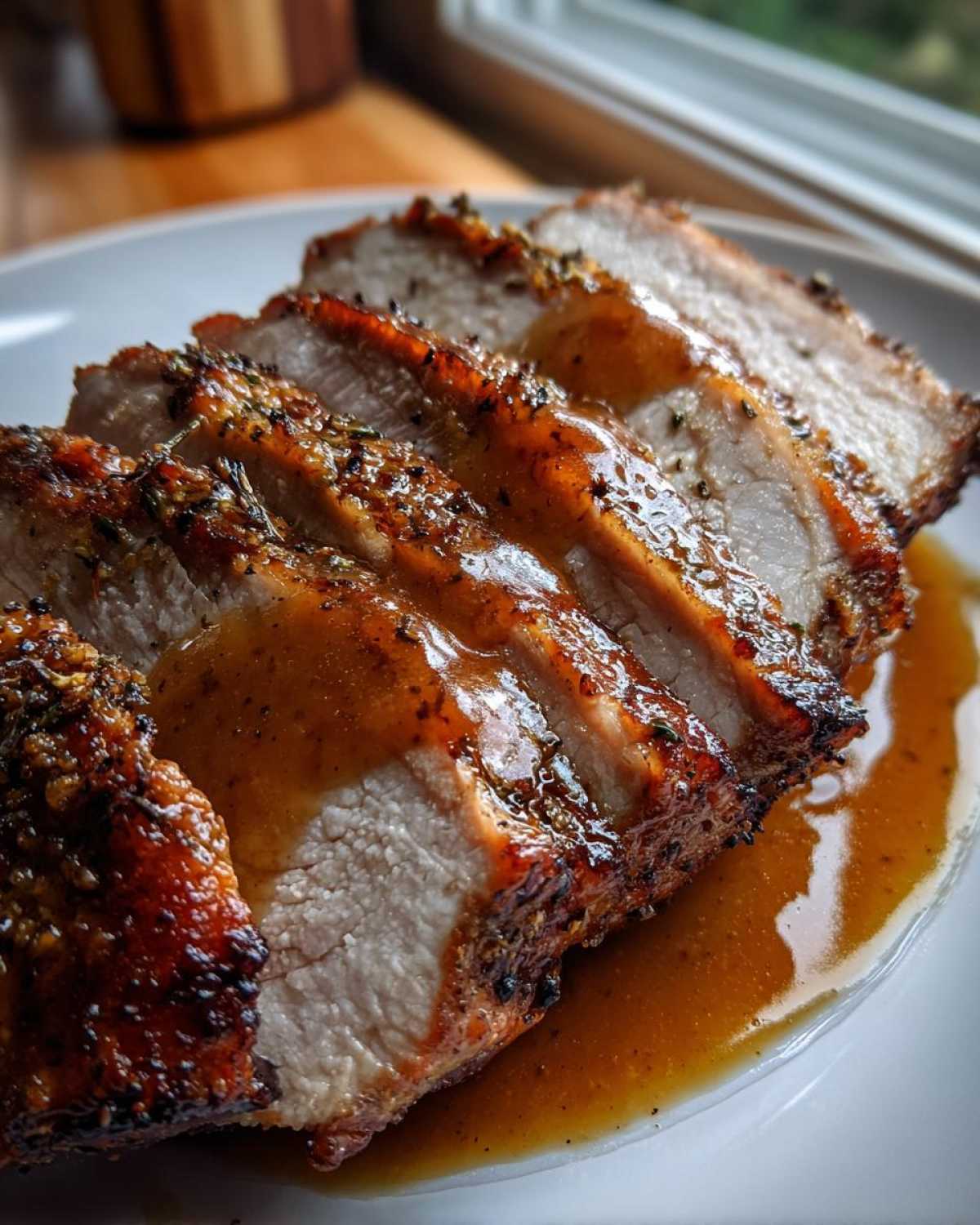 Close-up of perfectly cooked, sliced pork loin roast drizzled with savory brown gravy on a white plate.