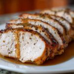 Close-up of thick slices of juicy pork loin roast, seasoned and drizzled with pan gravy.