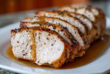 Close-up of thick slices of juicy pork loin roast, seasoned and drizzled with pan gravy.