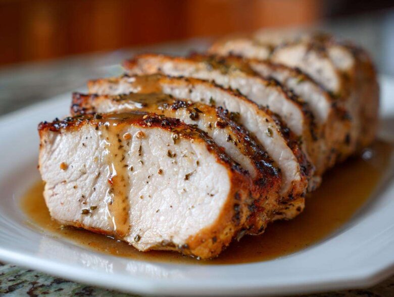 Close-up of thick slices of juicy pork loin roast, seasoned and drizzled with pan gravy.