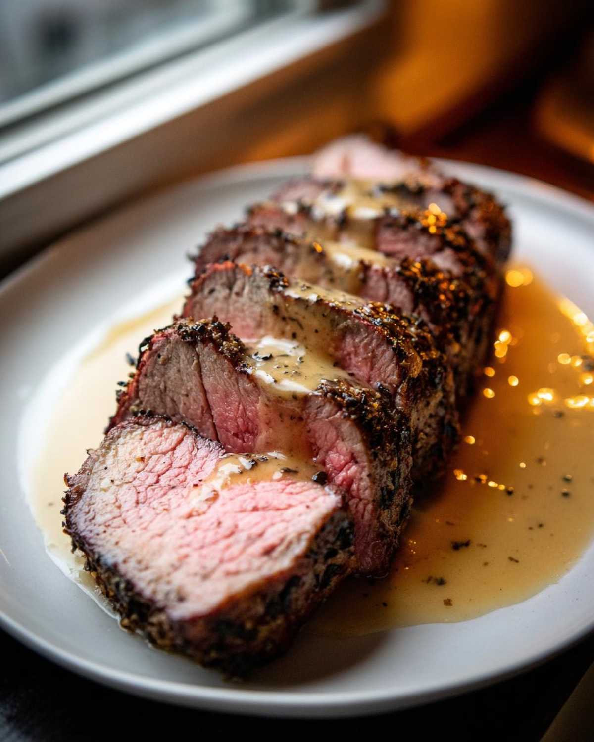 Slices of a juicy pork loin roast with a dark crust, drizzled with creamy pan sauce.