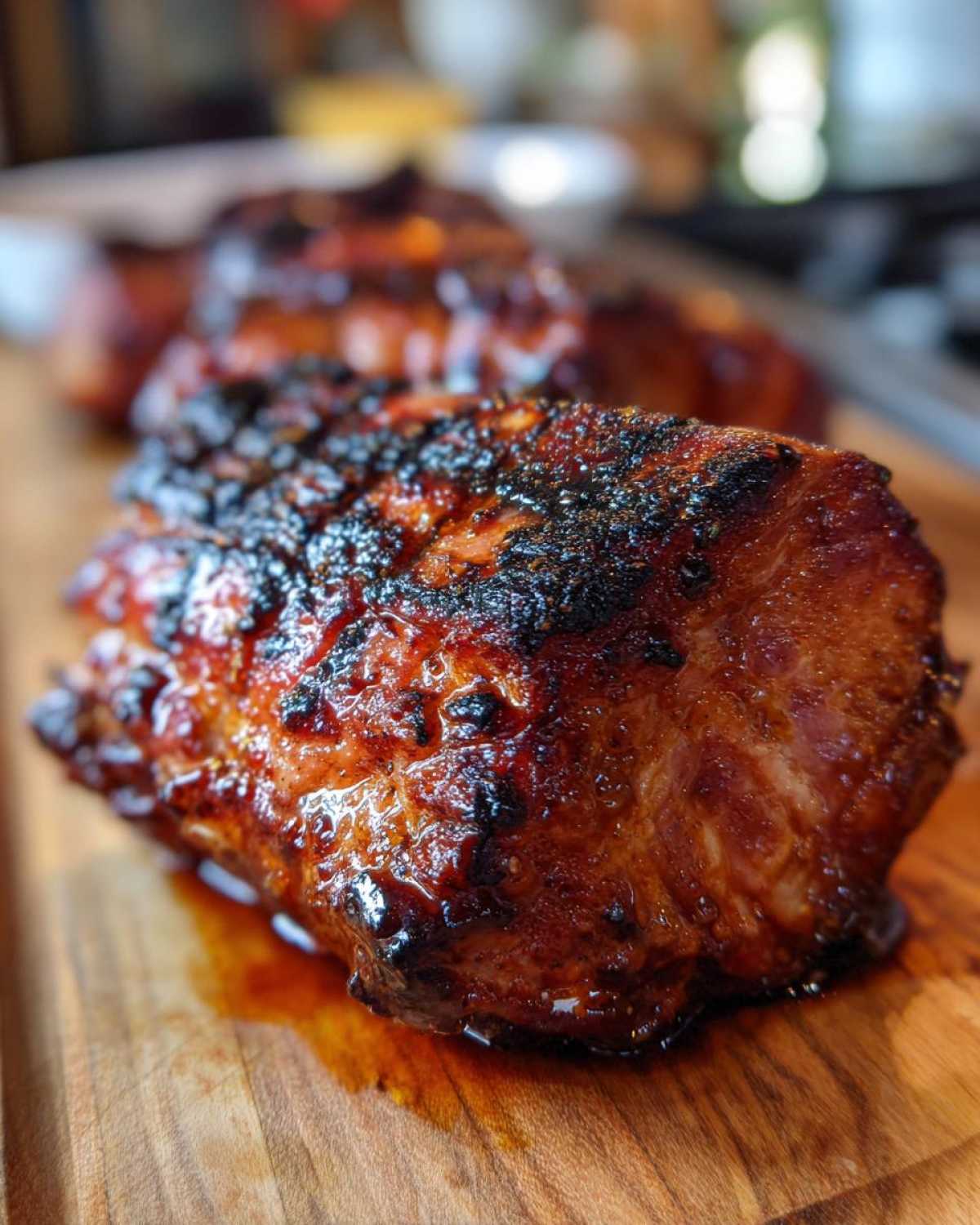 Close-up of a perfectly seared and glazed pork steak resting on a wooden cutting board.