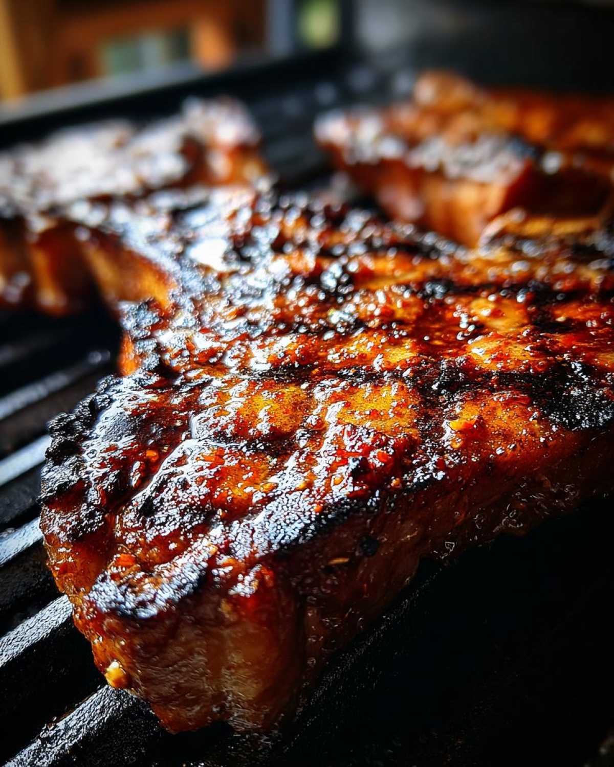 Close-up of a juicy, glazed pork steak searing on dark grill grates.