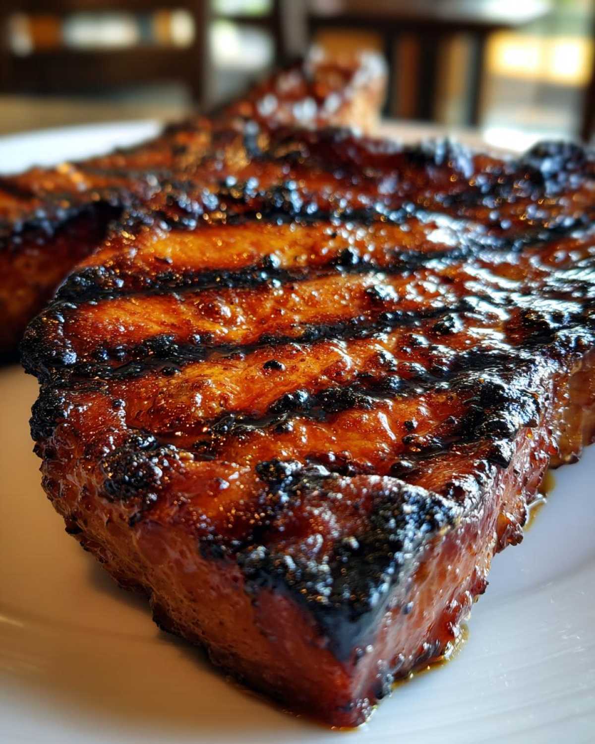 Close-up of a juicy pork steak recipe cut, showing deep grill marks and a caramelized, glossy glaze.