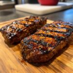 Two perfectly grilled, juicy pork steak recipe cuts resting on a wooden cutting board with visible grill marks.