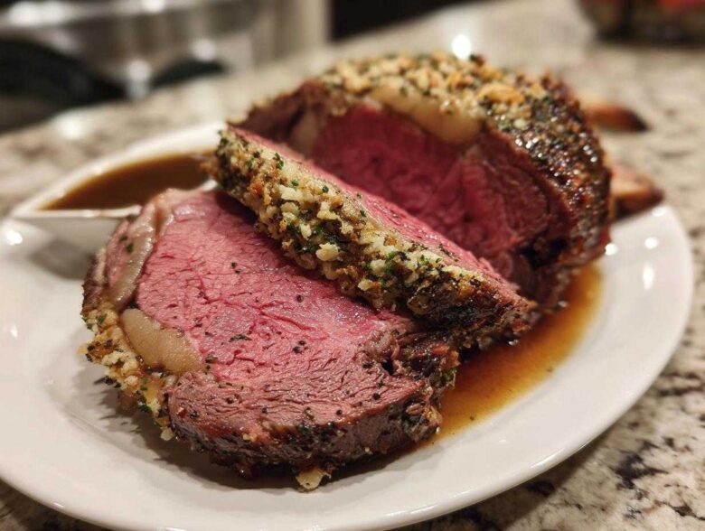 A thick slice of perfectly cooked medium-rare prime rib with a savory herb and garlic crust, resting in au jus.