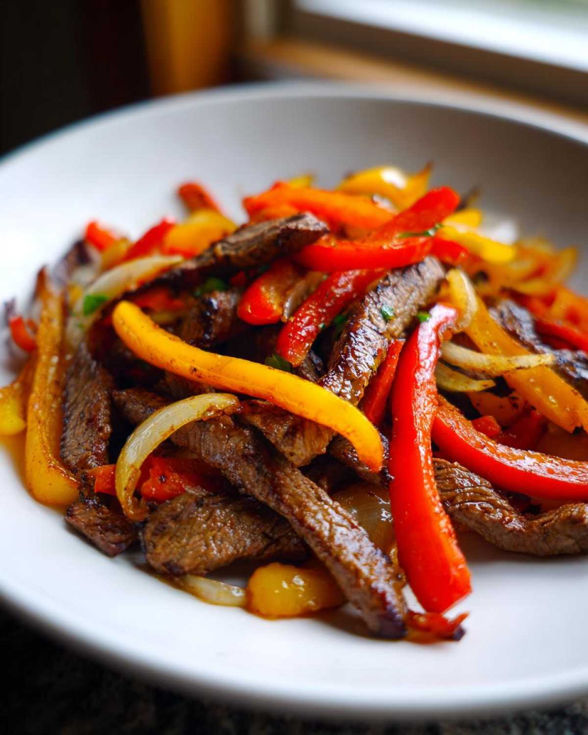 Close-up of juicy steak fajitas strips mixed with colorful sautéed red, yellow, and orange bell peppers and onions.