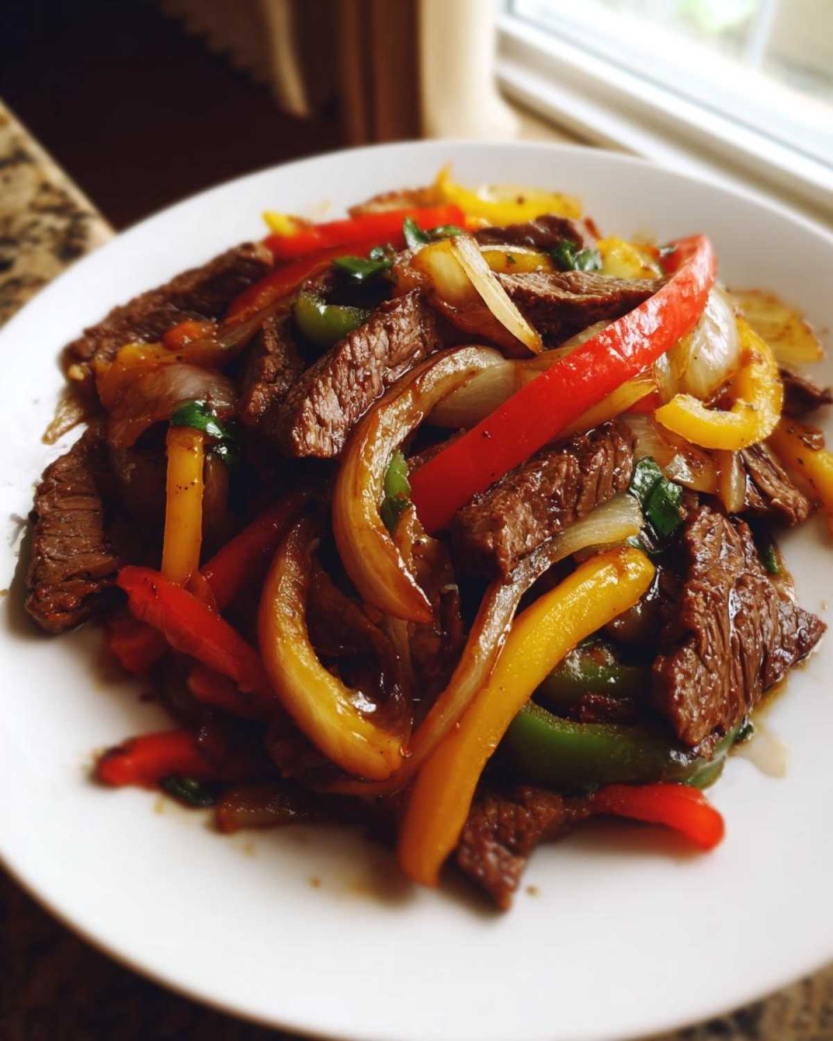 Close-up of perfectly cooked steak fajitas featuring strips of beef mixed with colorful sautéed bell peppers and onions on a white plate.