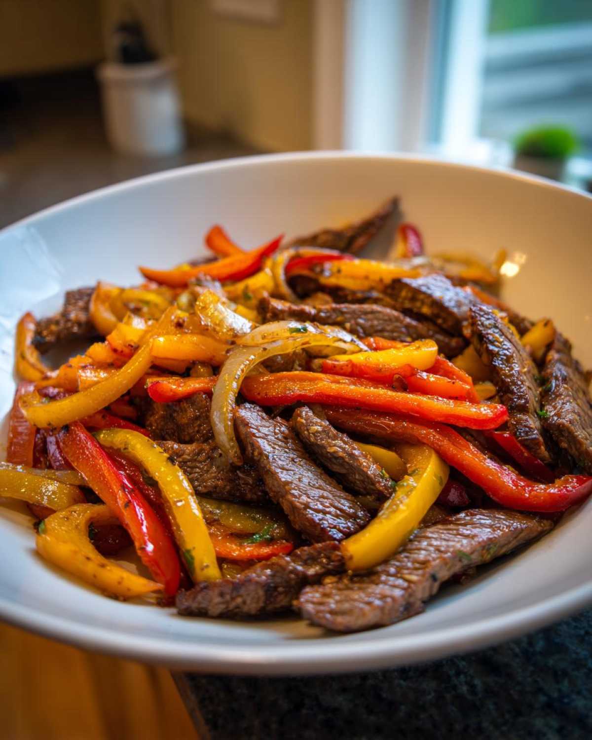Close-up of juicy steak fajitas featuring strips of seasoned steak mixed with vibrant red and yellow bell peppers and onions.