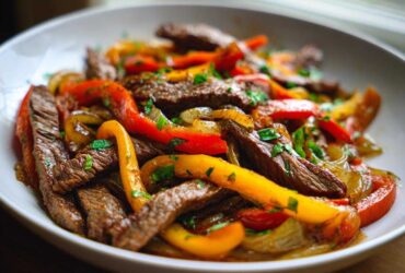 Close-up of juicy steak fajitas featuring sliced steak, red and yellow peppers, and onions, garnished with parsley.