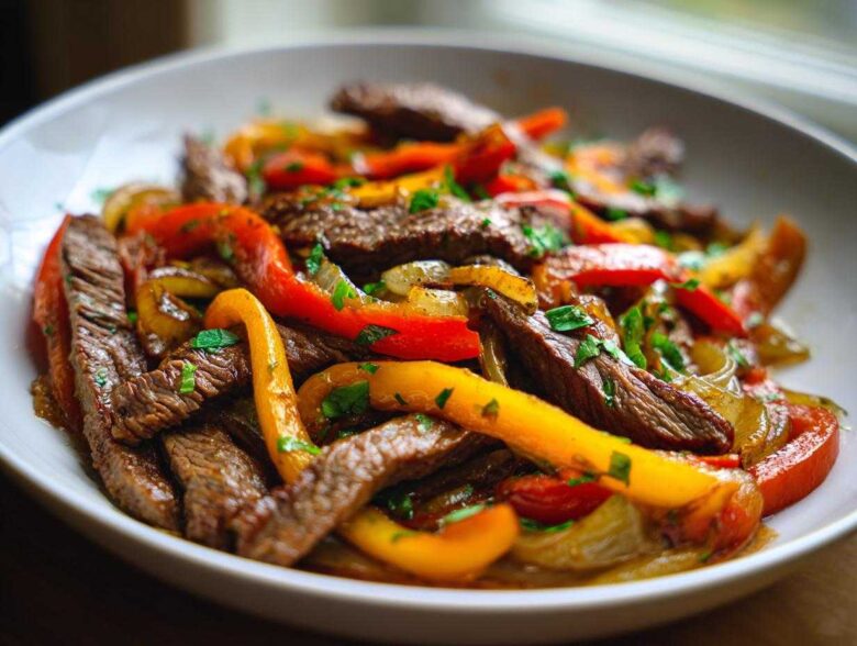 Close-up of juicy steak fajitas featuring sliced steak, red and yellow peppers, and onions, garnished with parsley.