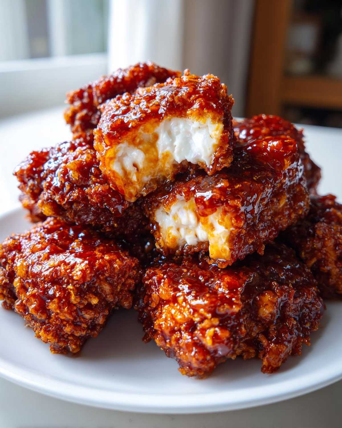 Close-up of pieces of crispy korean fried chicken recipe coated in a thick, glossy, dark red sweet and spicy sauce.