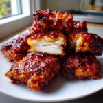 Close-up of glossy, sauced korean fried chicken recipe pieces piled on a white plate, showing juicy white meat inside.