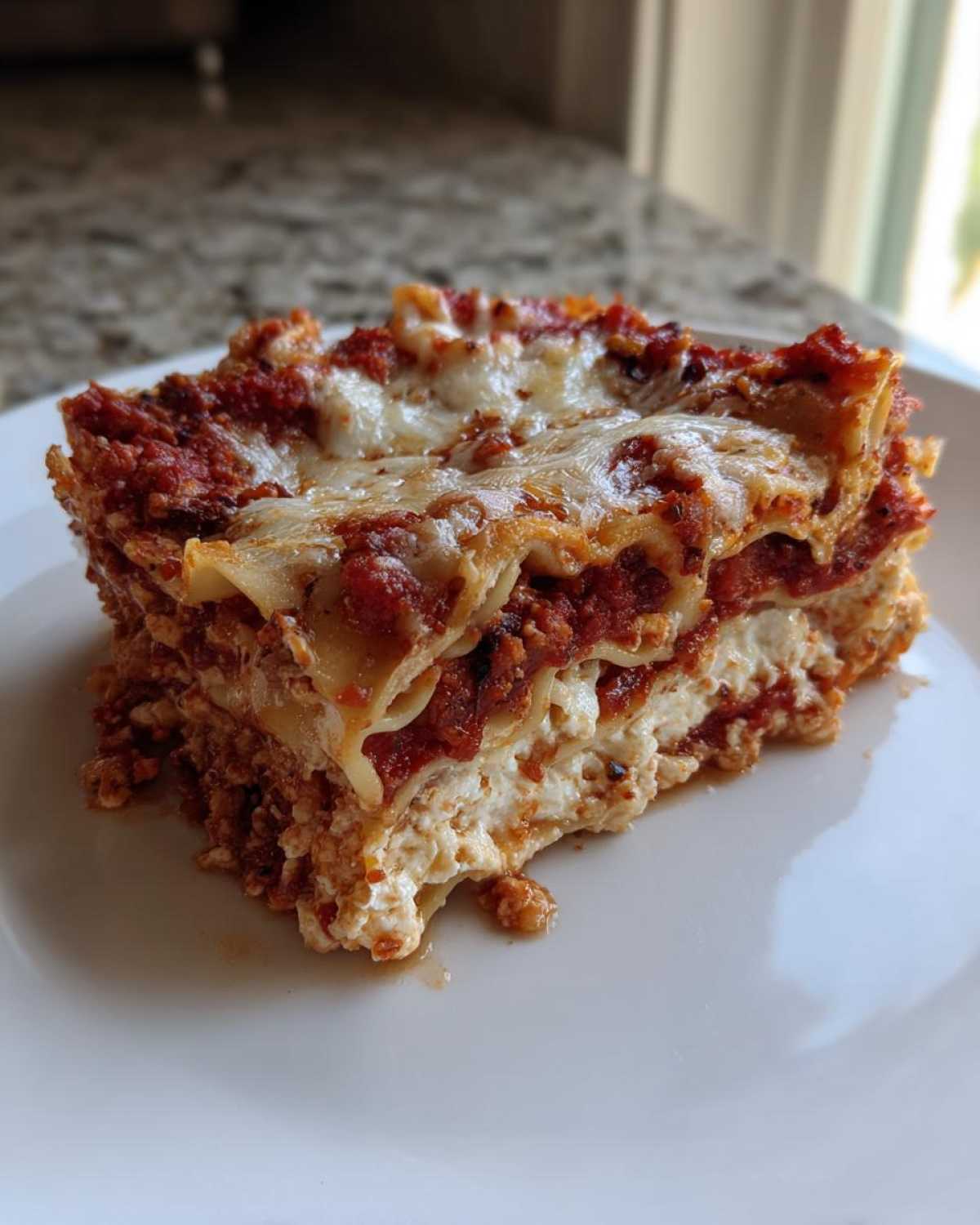 A generous slice of Lasagna with Cottage Cheese showing layers of pasta, rich meat sauce, and creamy white cottage cheese filling.