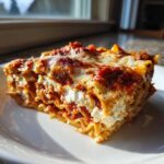 A close-up, sunlit slice of lasagna with cottage cheese layers served on a white plate.