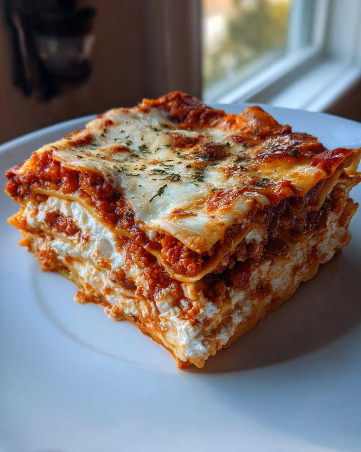 A thick, layered slice of lasagna with cottage cheese, meat sauce, and melted cheese topping.
