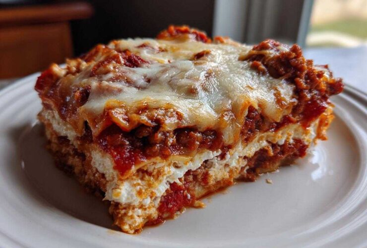 Close-up of a hearty slice of Lasagna with Cottage Cheese showing layers of pasta, meat sauce, and melted cheese topping.