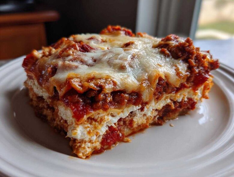 Close-up of a hearty slice of Lasagna with Cottage Cheese showing layers of pasta, meat sauce, and melted cheese topping.