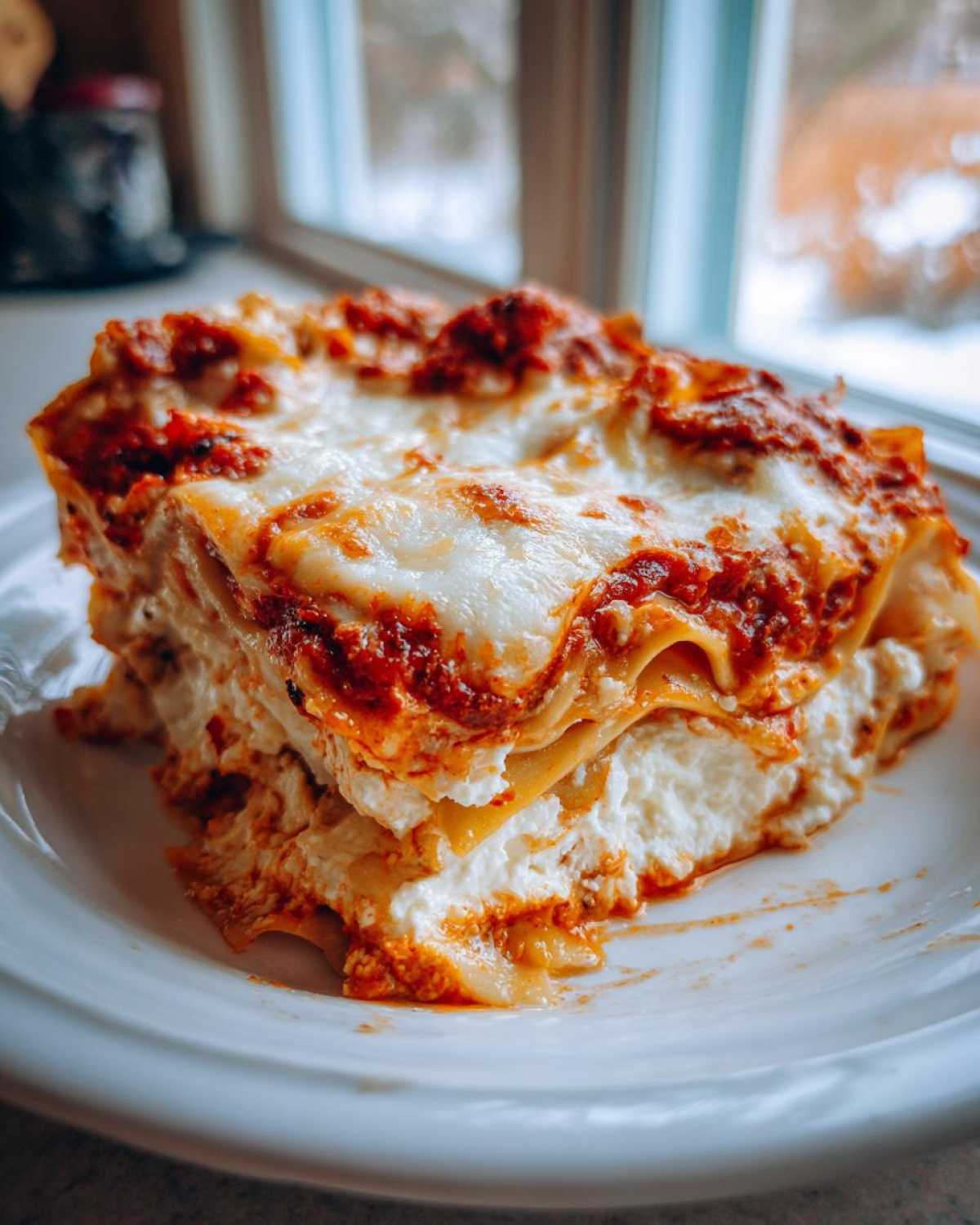 A thick, cheesy slice of lasagna with cottage cheese filling, topped with rich tomato sauce.