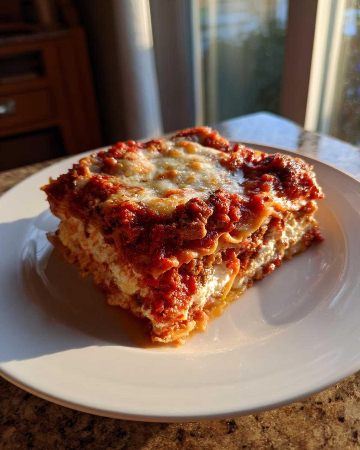 A thick, cheesy slice of Lasagna with Cottage Cheese served on a white plate, backlit by sunlight.