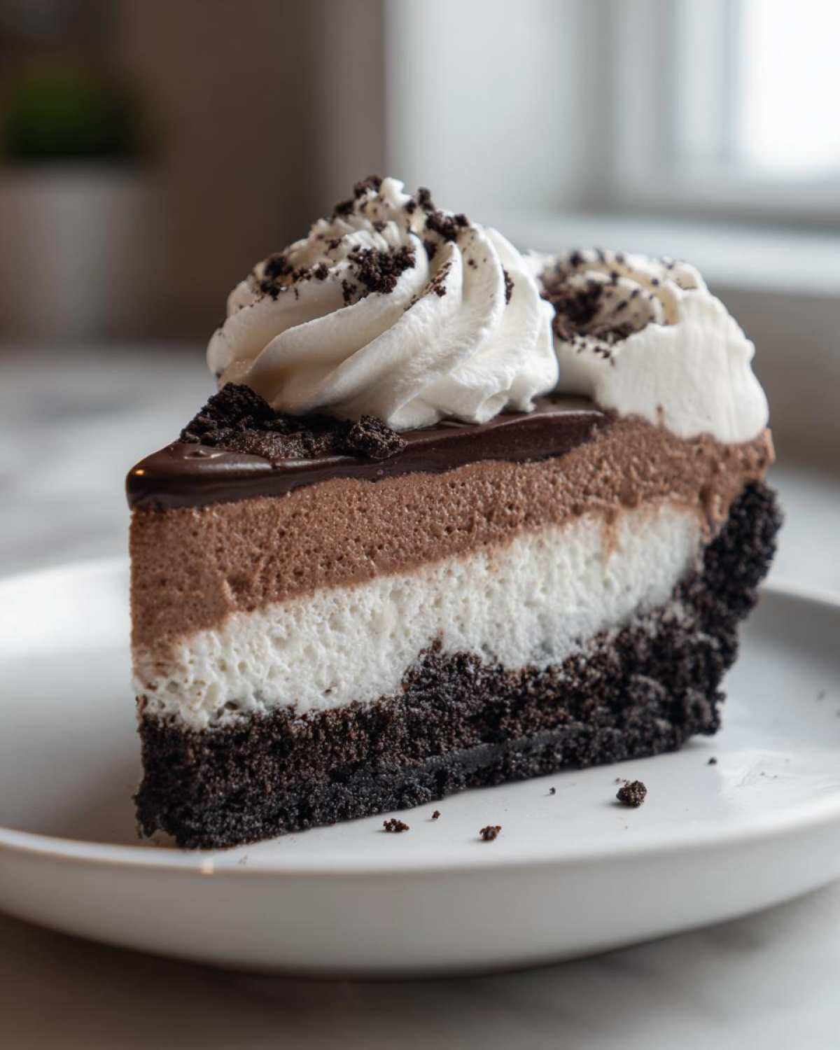 A decadent slice of layered ice cream pie featuring a dark crust, white layer, chocolate layer, and whipped cream topping.
