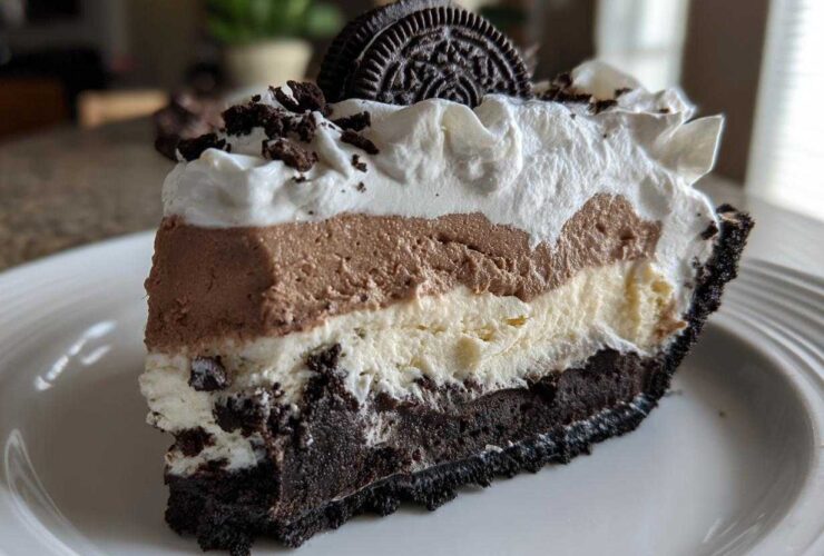 A decadent slice of layered ice cream pie featuring a dark crust, vanilla, chocolate mousse, and whipped topping, garnished with an Oreo.