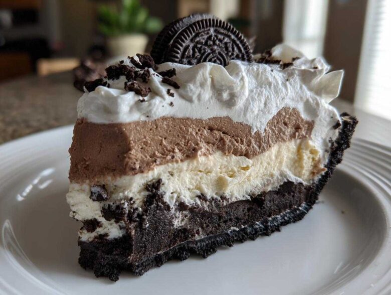 A decadent slice of layered ice cream pie featuring a dark crust, vanilla, chocolate mousse, and whipped topping, garnished with an Oreo.