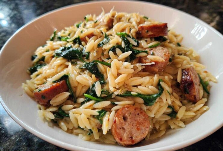 Close-up of a white bowl filled with creamy Lemon Garlic Parmesan orzo pasta mixed with spinach and sliced sausage.