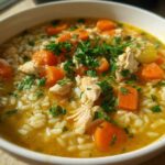 Close-up of a hearty bowl of Lemon Ginger Turmeric Chicken and Rice Soup, featuring shredded chicken, rice, carrots, and parsley garnish.