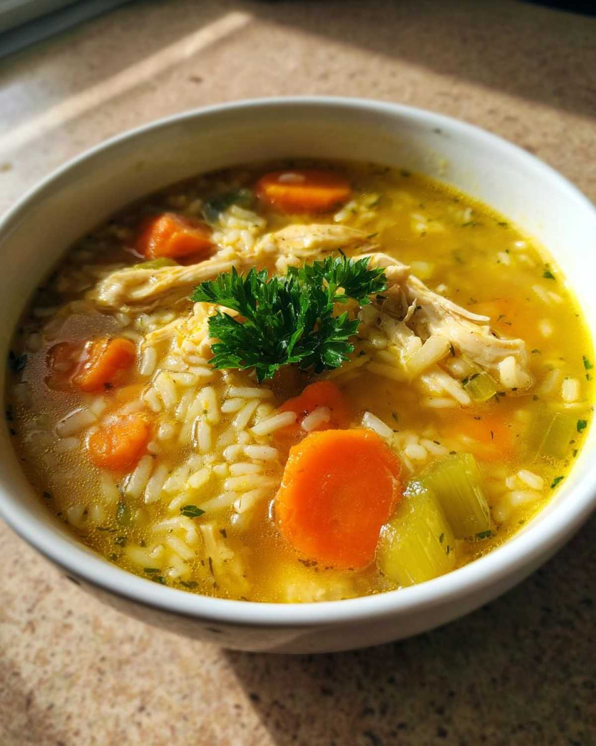 Close-up of a bowl of Lemon Ginger Turmeric Chicken and Rice Soup with carrots, rice, and parsley garnish.