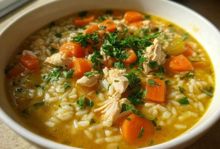 Close-up of a hearty bowl of Lemon Ginger Turmeric Chicken and Rice Soup, featuring shredded chicken, rice, carrots, and parsley garnish.