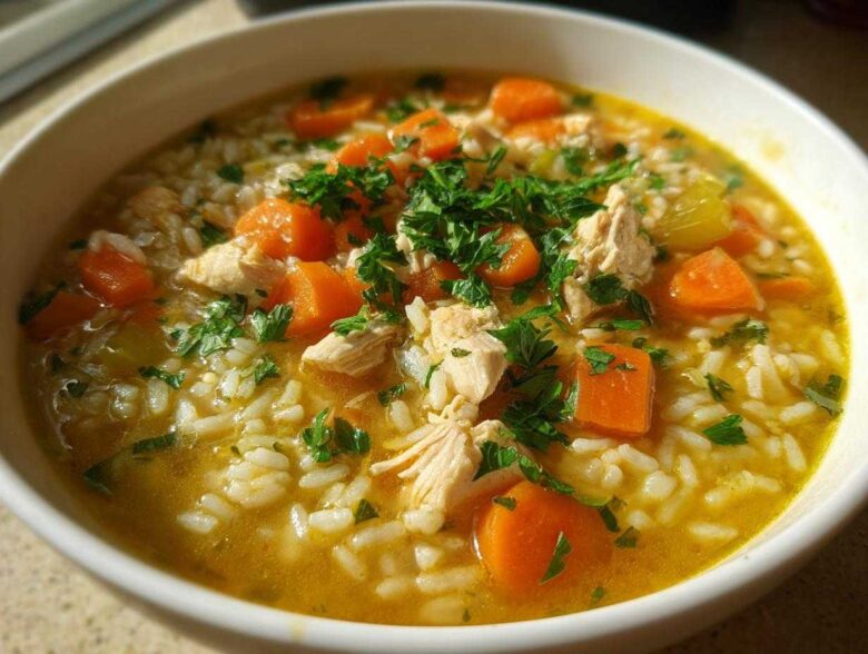 Close-up of a hearty bowl of Lemon Ginger Turmeric Chicken and Rice Soup, featuring shredded chicken, rice, carrots, and parsley garnish.