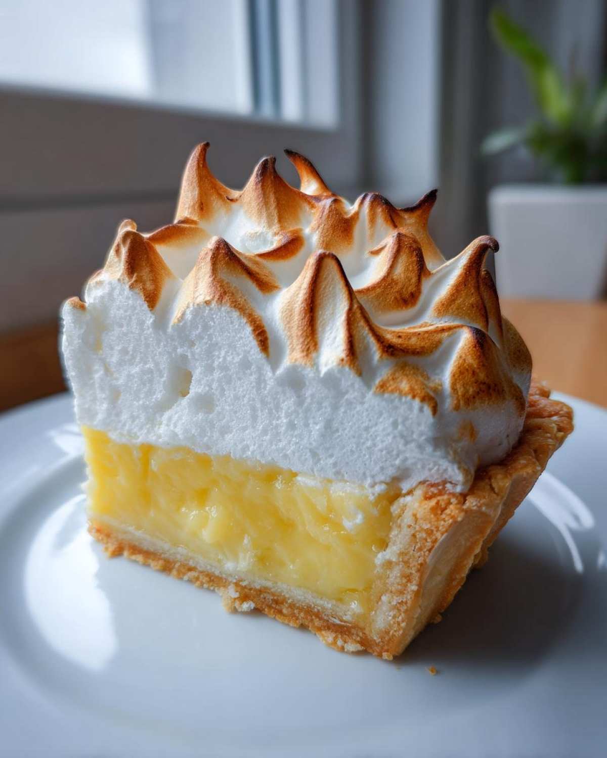 A close-up slice of lemon meringue pie showing bright yellow curd and tall, torched meringue peaks.