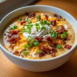 A close-up of a white bowl filled with rich loaded baked potato soup, topped with sour cream, cheddar cheese, bacon, and chives.