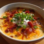 Close-up of a bowl of creamy loaded baked potato soup topped with cheese, bacon, sour cream, and chives.