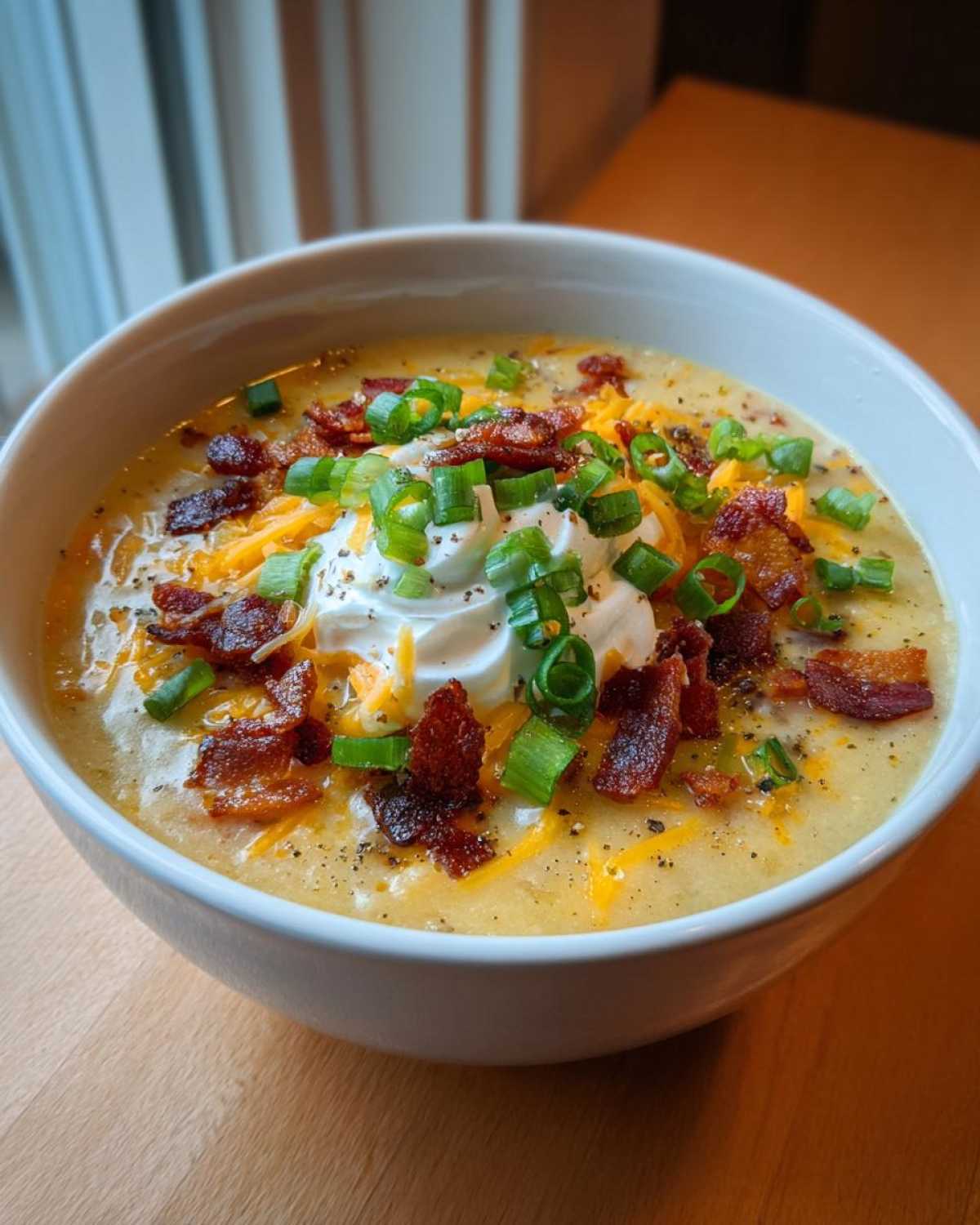 A close-up of a bowl of creamy loaded baked potato soup topped with sour cream, bacon, cheese, and green onions.