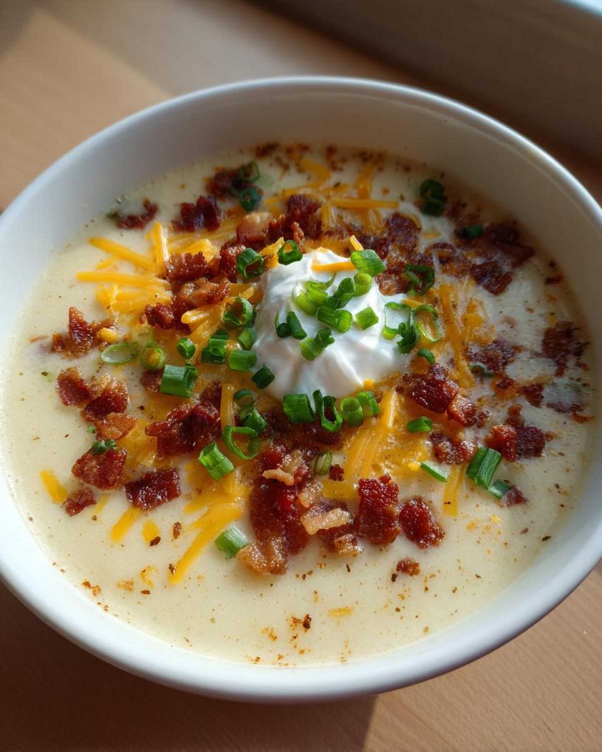 A close-up of a creamy bowl of loaded baked potato soup topped with cheddar cheese, bacon, sour cream, and chives.