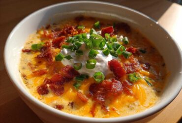 Close-up of a bowl of creamy loaded baked potato soup topped with cheese, bacon, sour cream, and chives.
