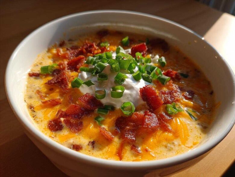 Close-up of a bowl of creamy loaded baked potato soup topped with cheese, bacon, sour cream, and chives.